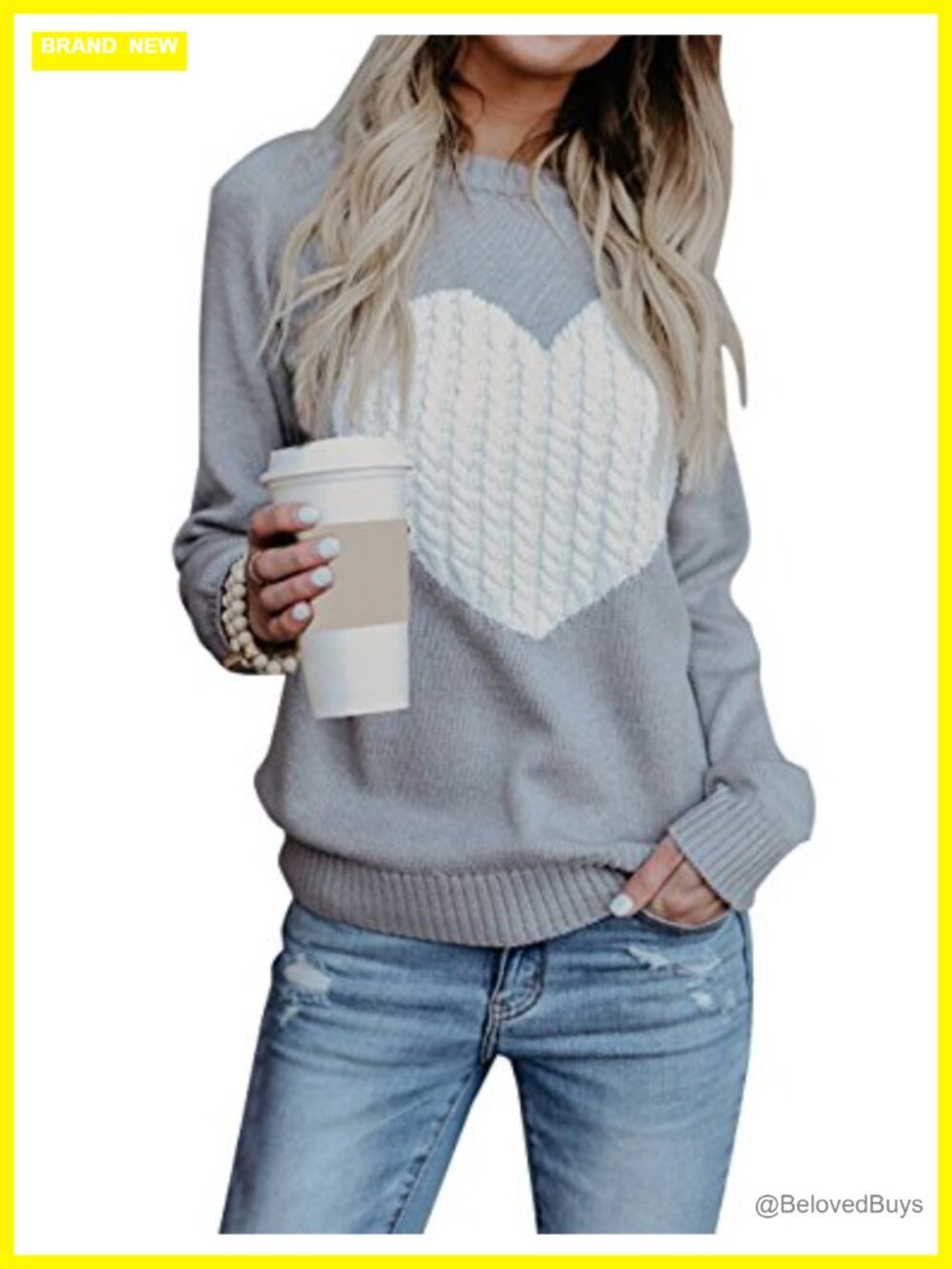Womens Big Heart Crew Neck Pullover Sweater Long Sleeve Acrylic Loose Fit Casual